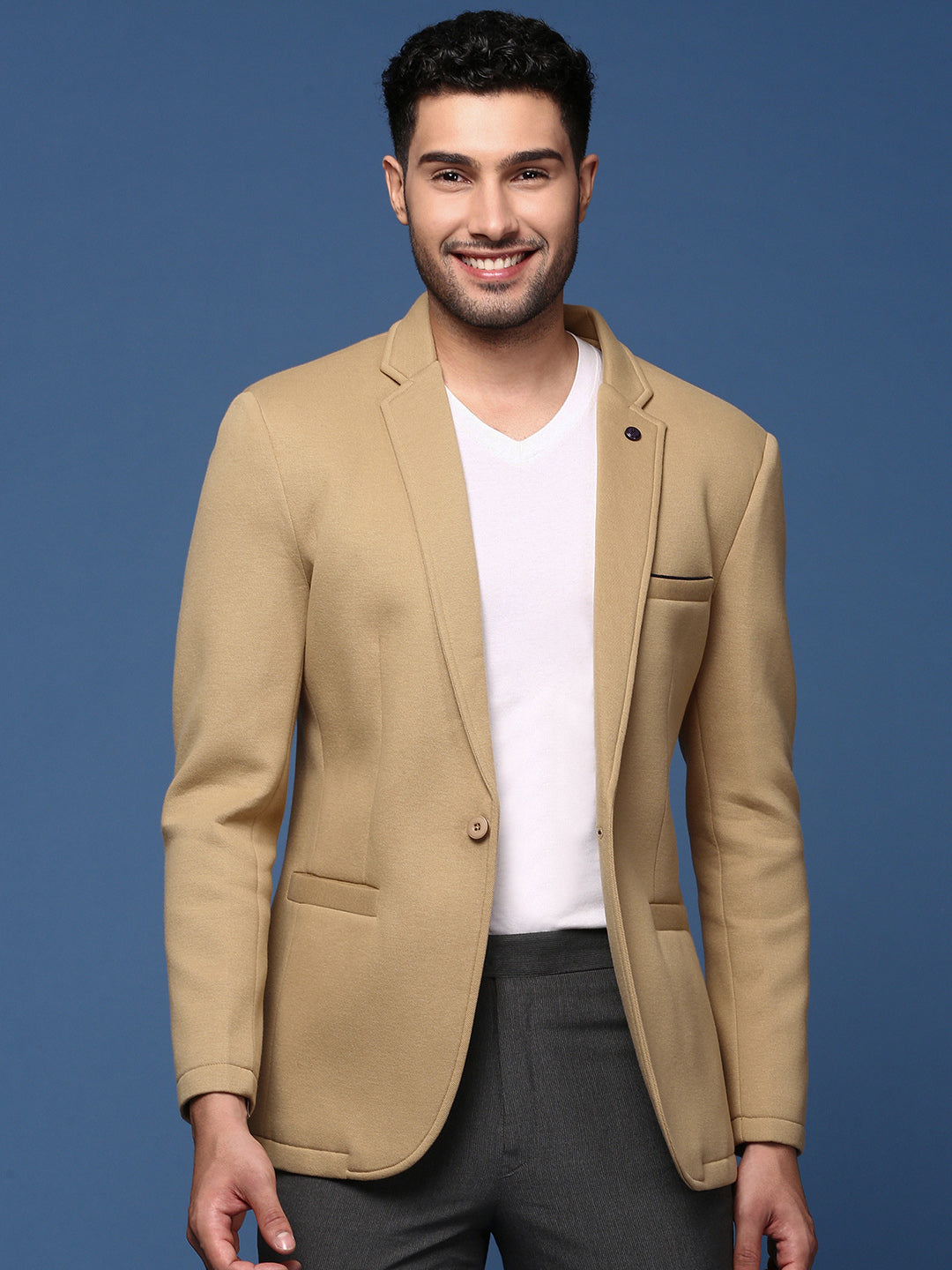 Men Khaki Slim Fit Single Breasted Blazer