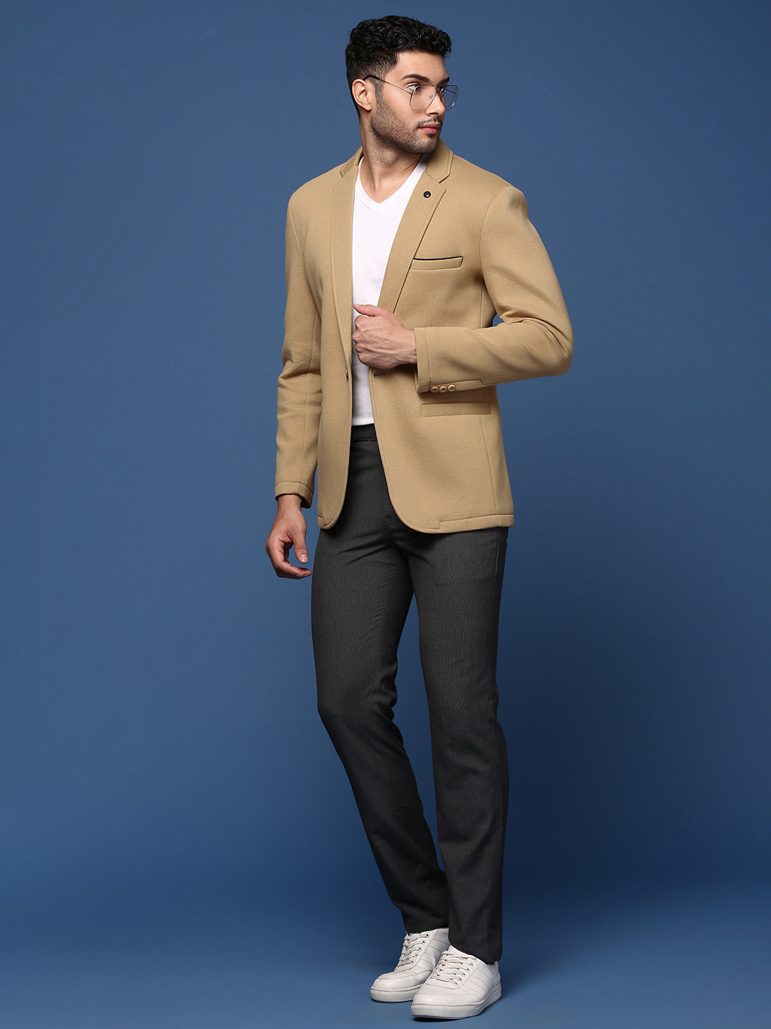 Men Khaki Slim Fit Single Breasted Blazer