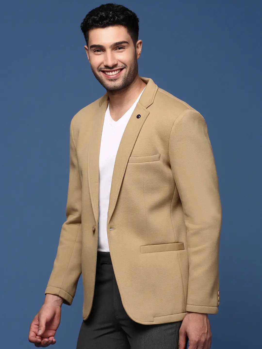 Men's Khaki Single-Breasted Slim Fit Blazer with Notched Lapel - from SHOWOFFFF