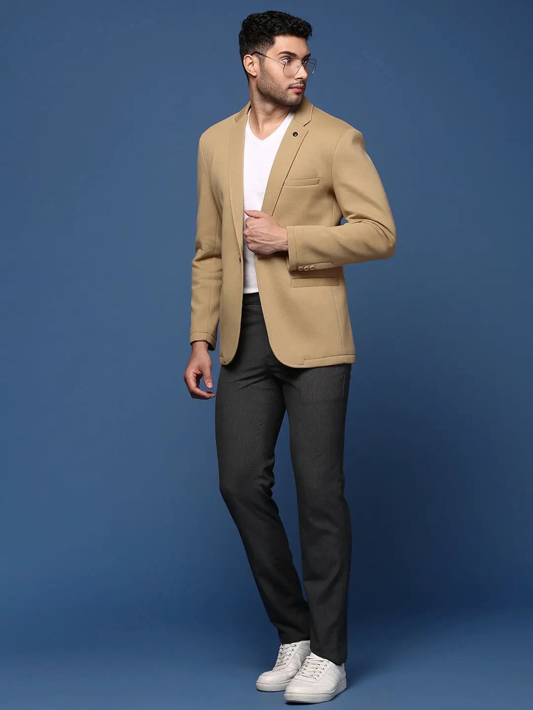 Men's Khaki Single-Breasted Slim Fit Blazer with Notched Lapel - from SHOWOFFFF