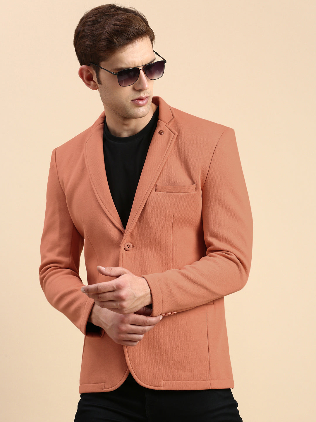 Men's Rust Single-Breasted Slim Fit Blazer with Notched Lapel
