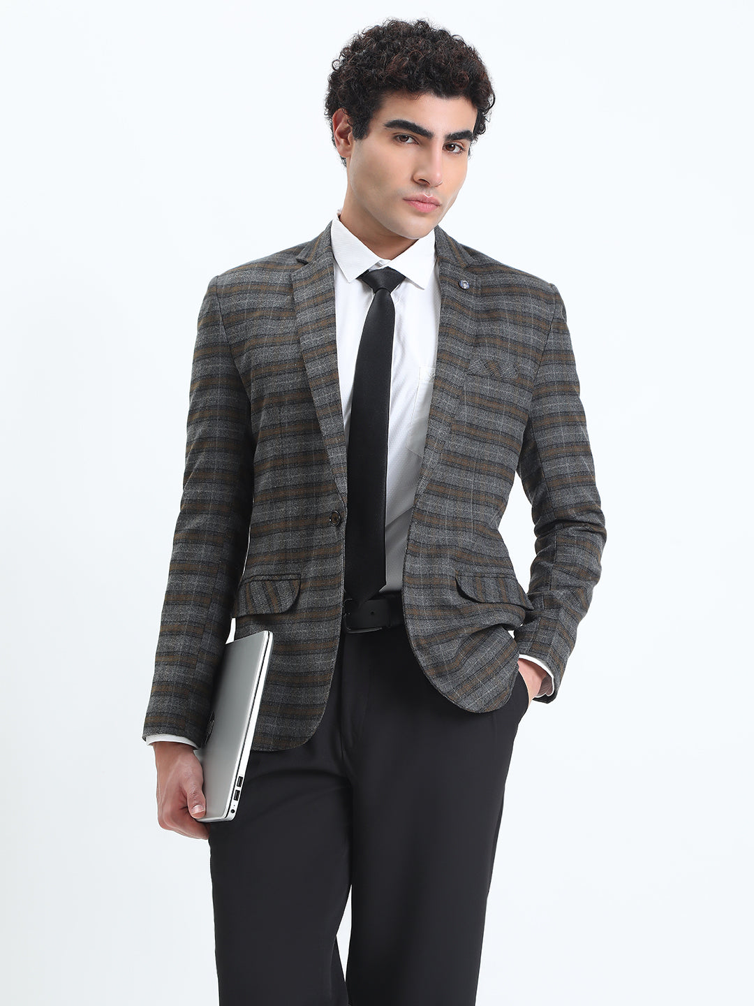 Men's Grey Checked Single-Breasted Slim Fit Blazer