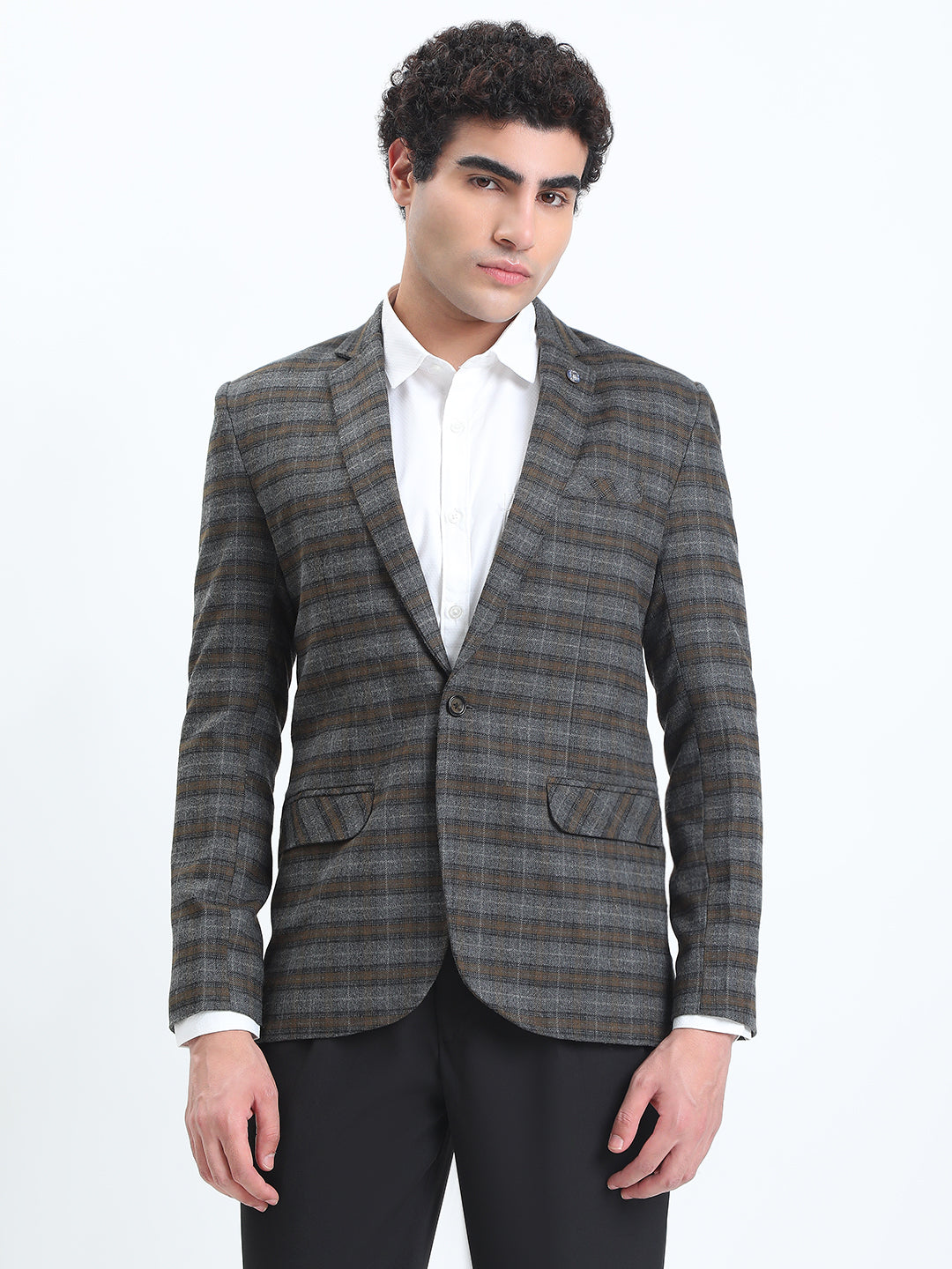 Men's Grey Checked Single-Breasted Slim Fit Blazer