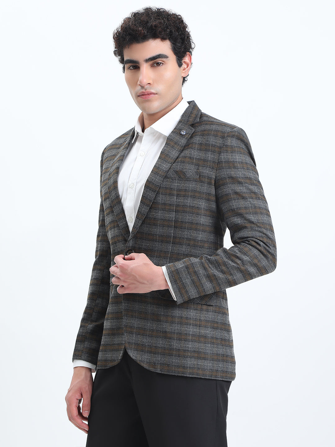 Men's Grey Checked Single-Breasted Slim Fit Blazer