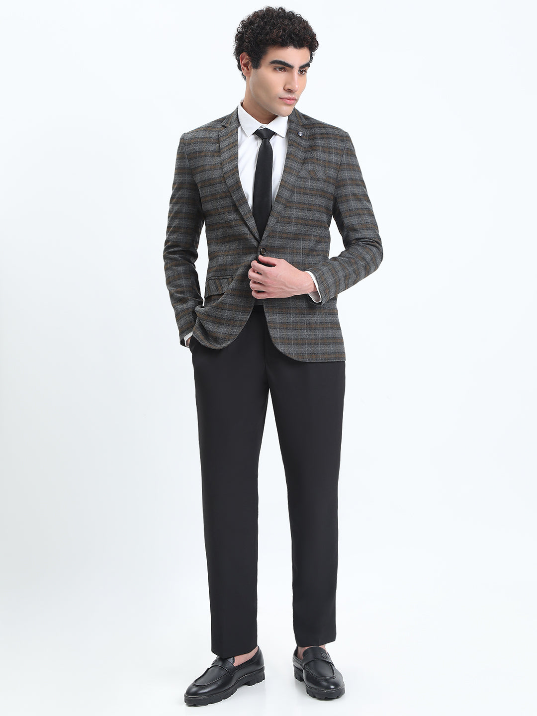 Men's Grey Checked Single-Breasted Slim Fit Blazer