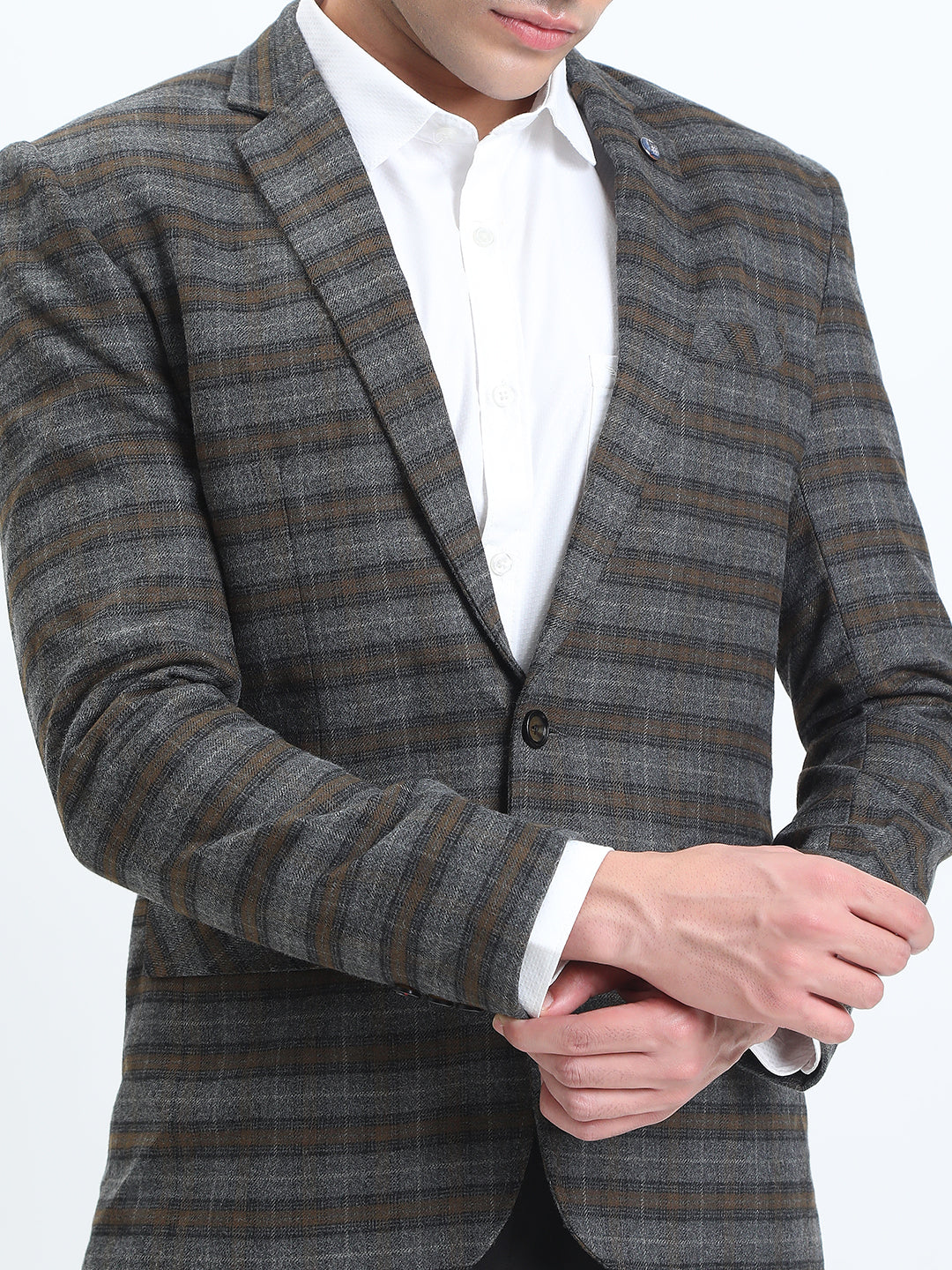 Men's Grey Checked Single-Breasted Slim Fit Blazer