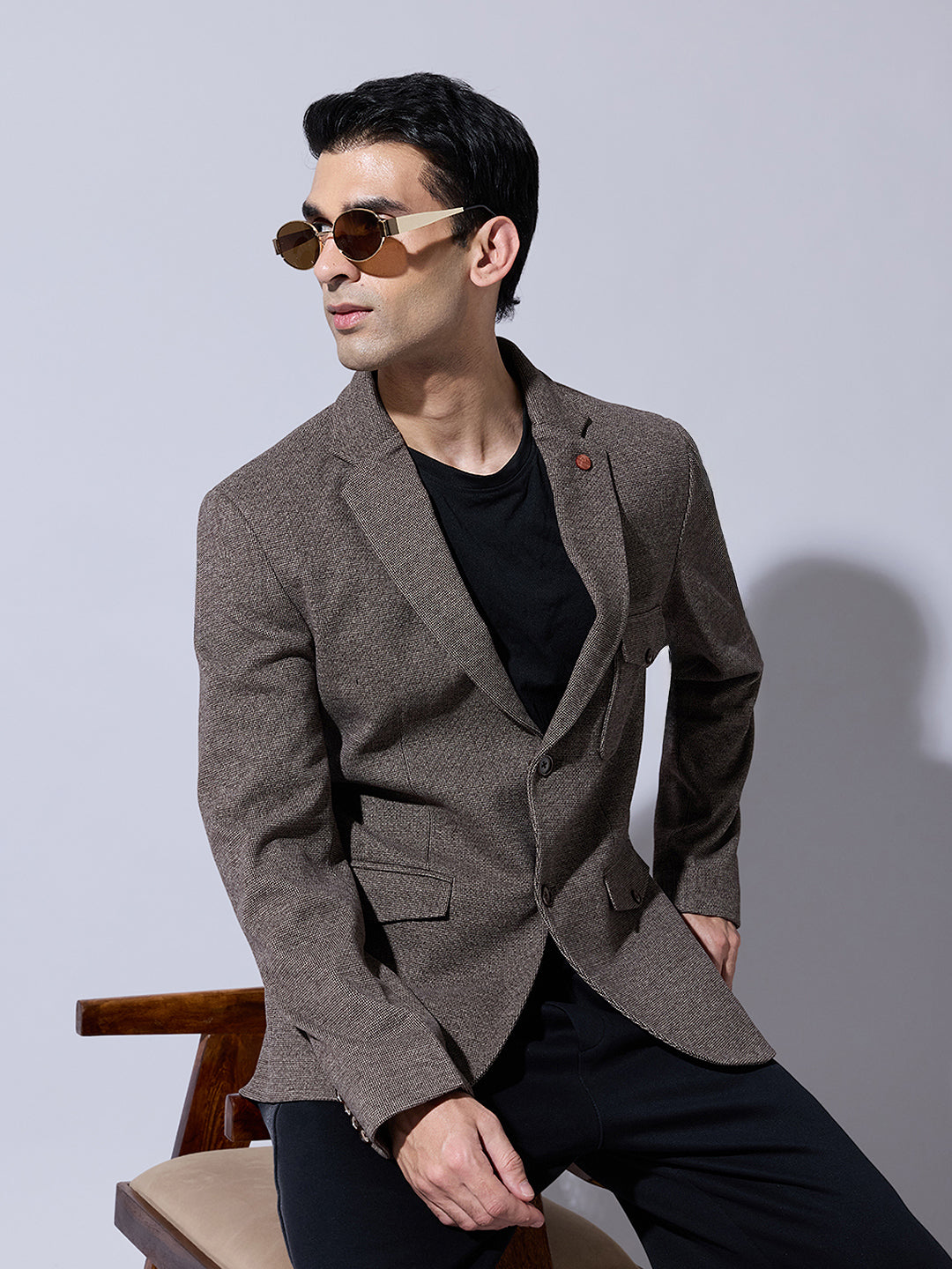 Men's Textured Brown Tweed Single Breasted Blazer