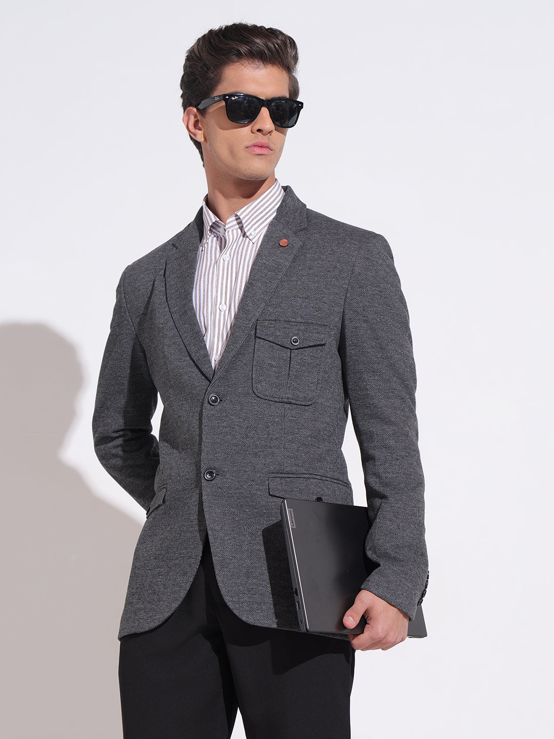 Men's Textured Grey Single Breasted Blazer with Patch Pocket Detail