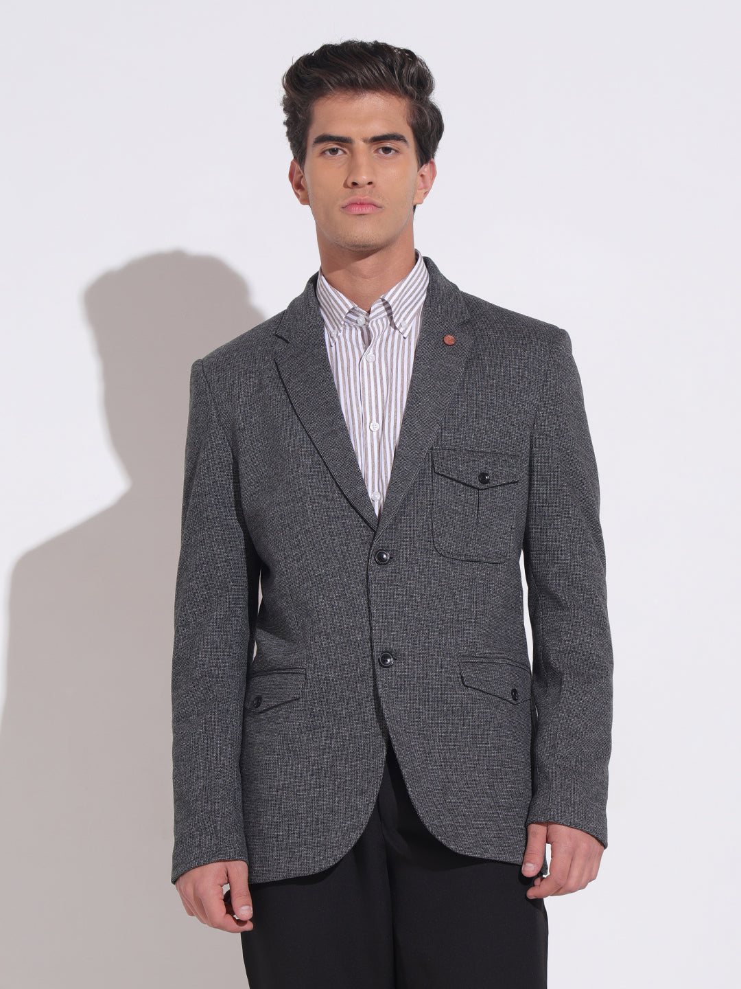 Men's Textured Grey Single Breasted Blazer with Patch Pocket Detail
