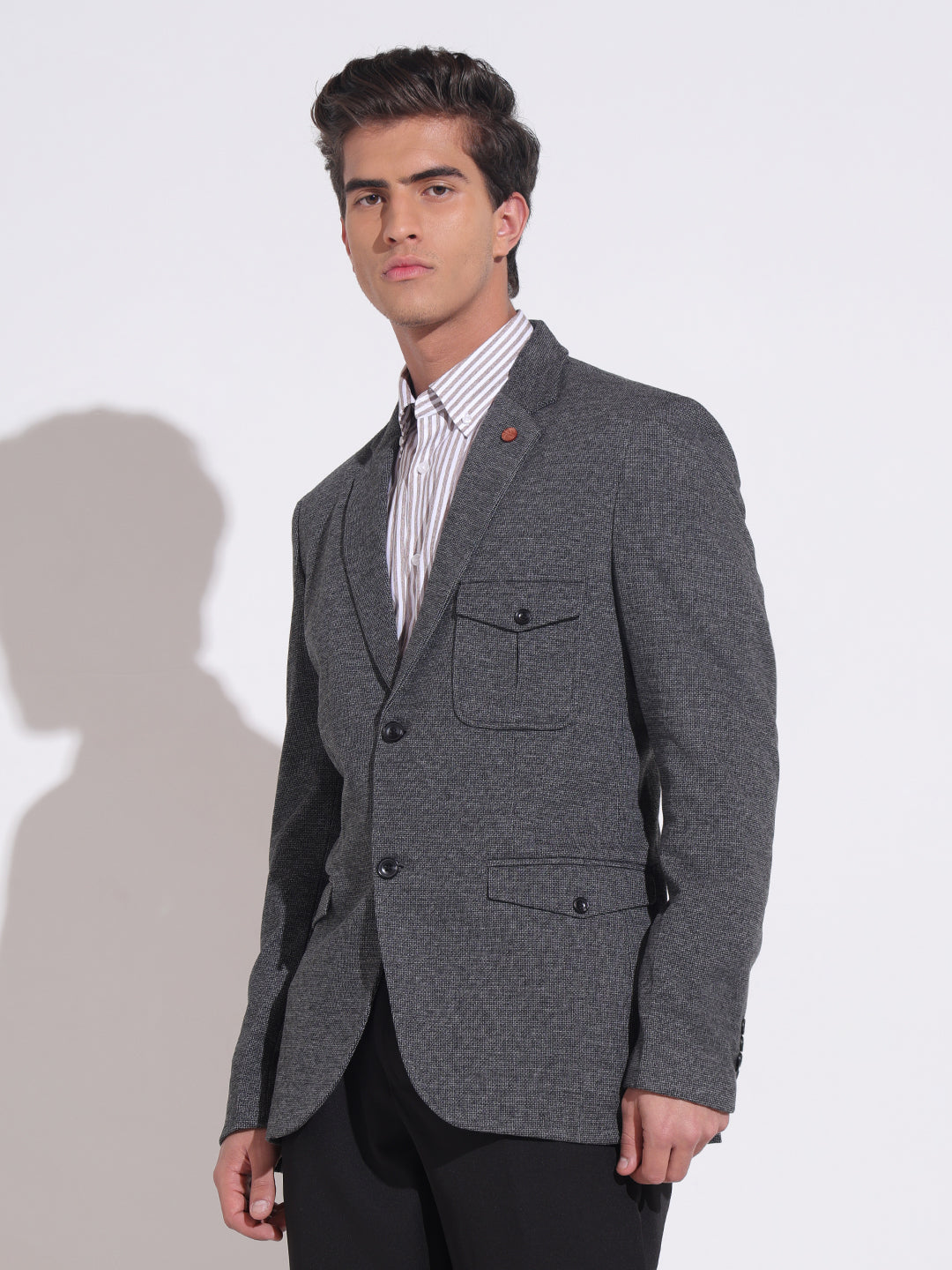 Men's Textured Grey Single Breasted Blazer with Patch Pocket Detail