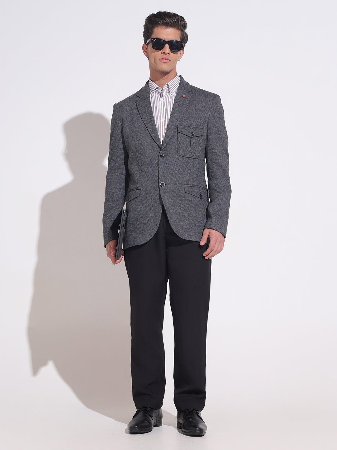 Men's Textured Grey Single Breasted Blazer with Patch Pocket Detail