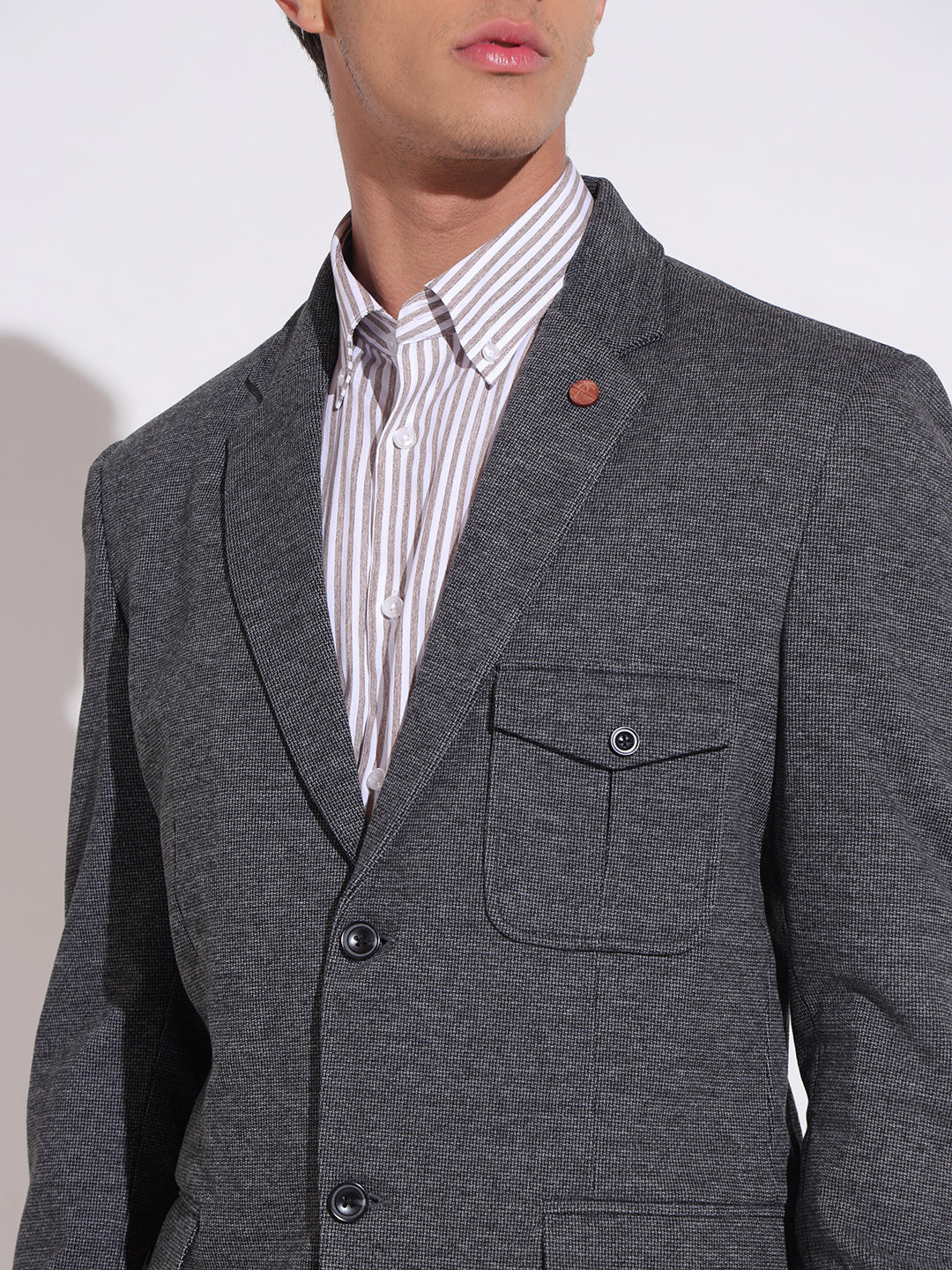 Men's Textured Grey Single Breasted Blazer with Patch Pocket Detail