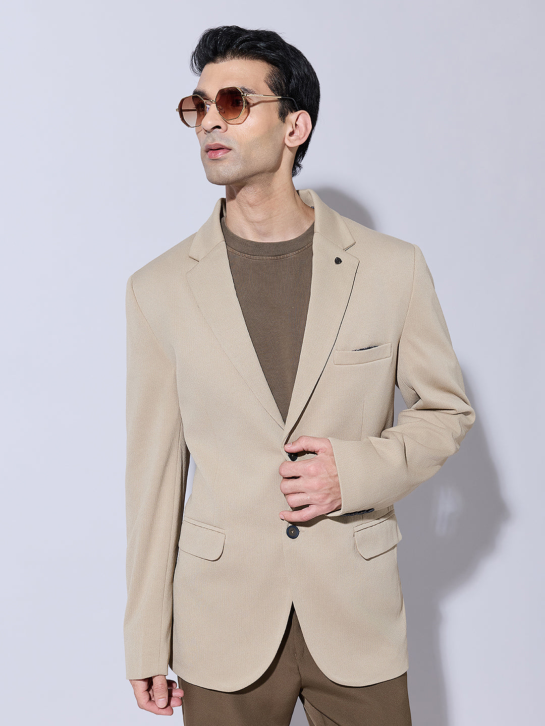 Men's Beige Single Breasted Blazer with Notch Lapel