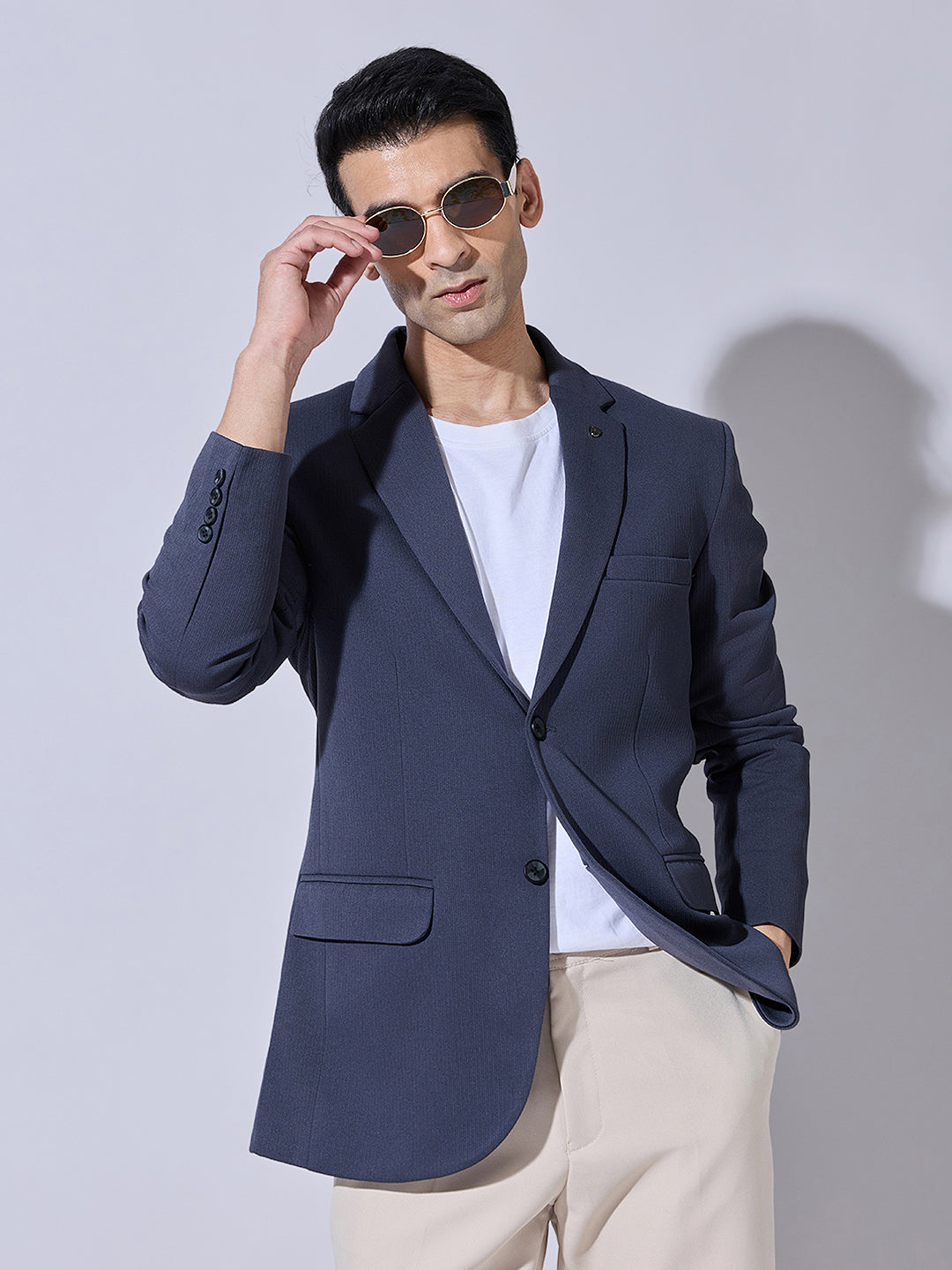 Men's Navy Blue Single Breasted Blazer with Notch Lapel