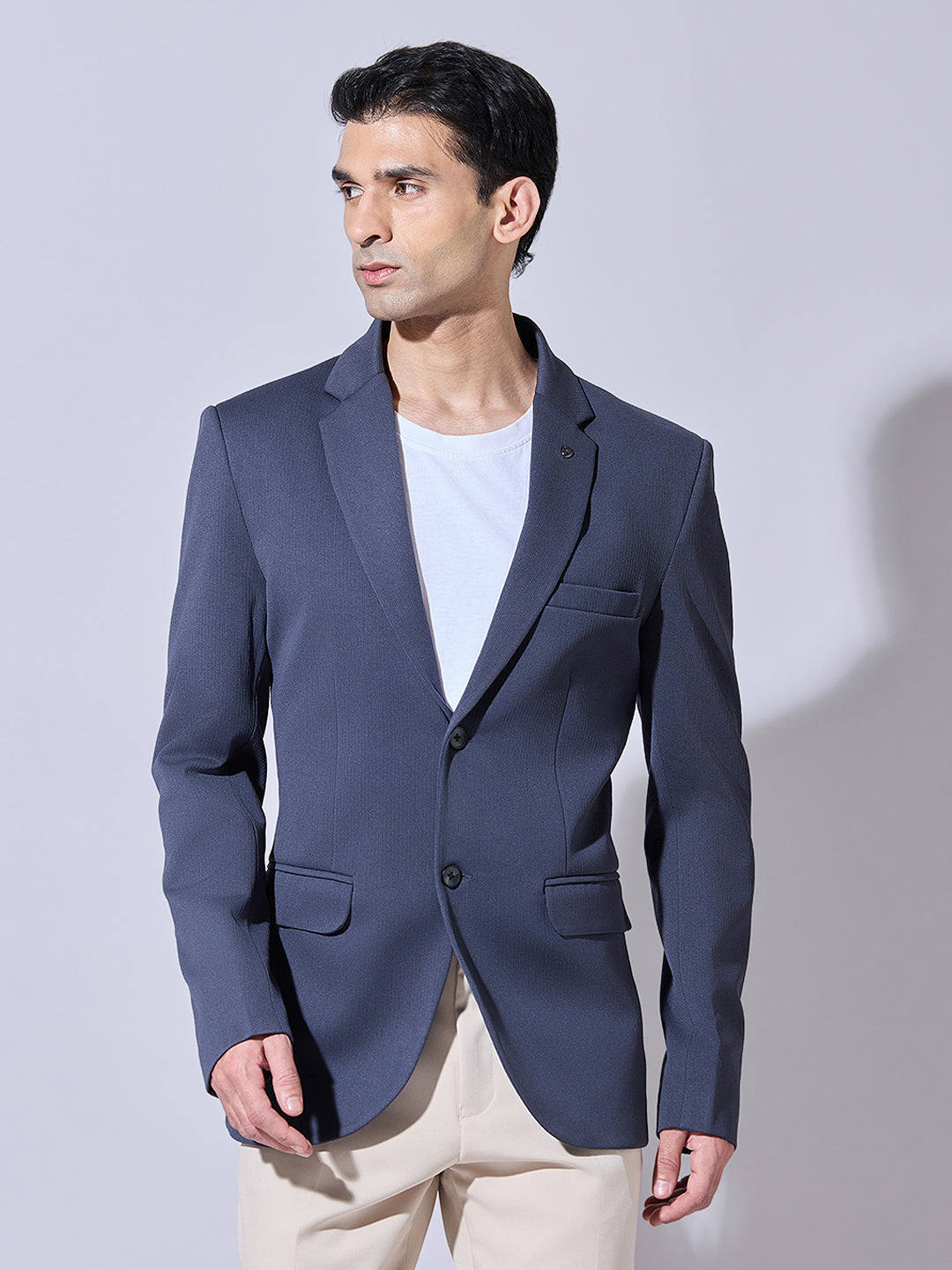 Men's Navy Blue Single Breasted Blazer with Notch Lapel