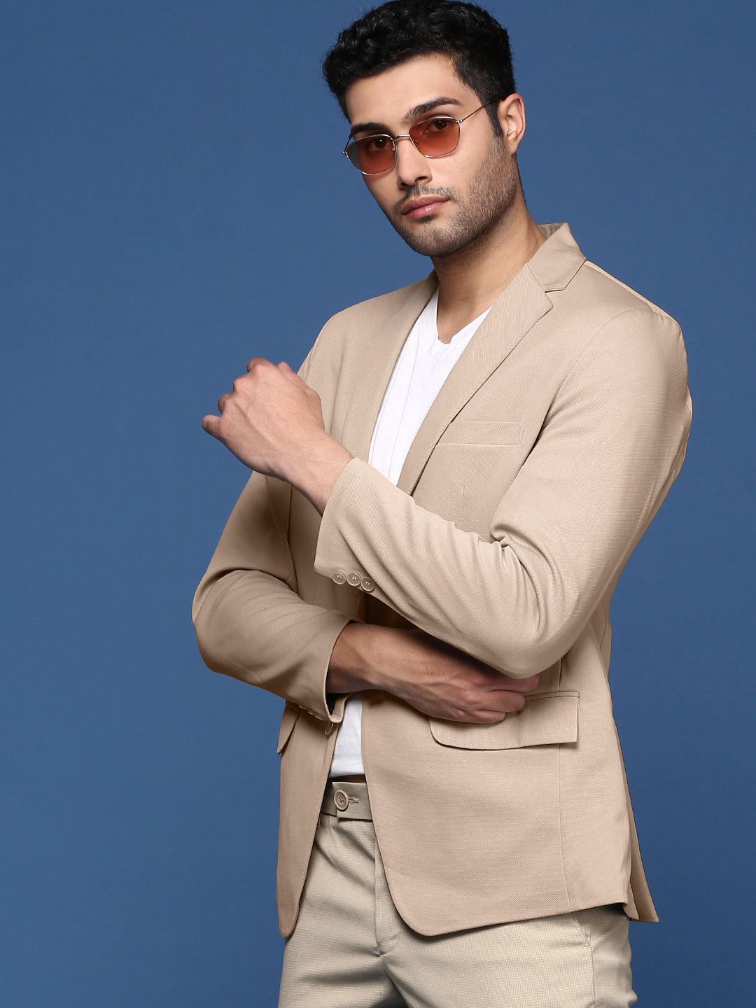 Men's Beige Slim Fit Single Breasted Blazer