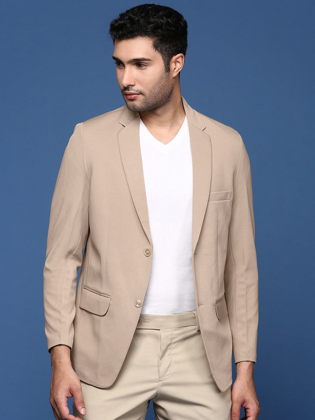 Men's Beige Slim Fit Single Breasted Blazer