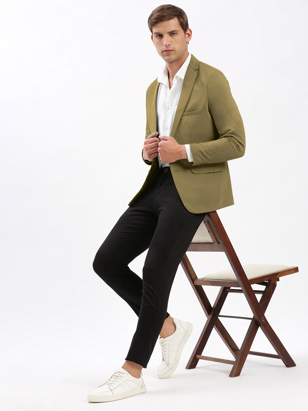 Men's Olive Single-Breasted Slim Fit Blazer with Notch Lapel