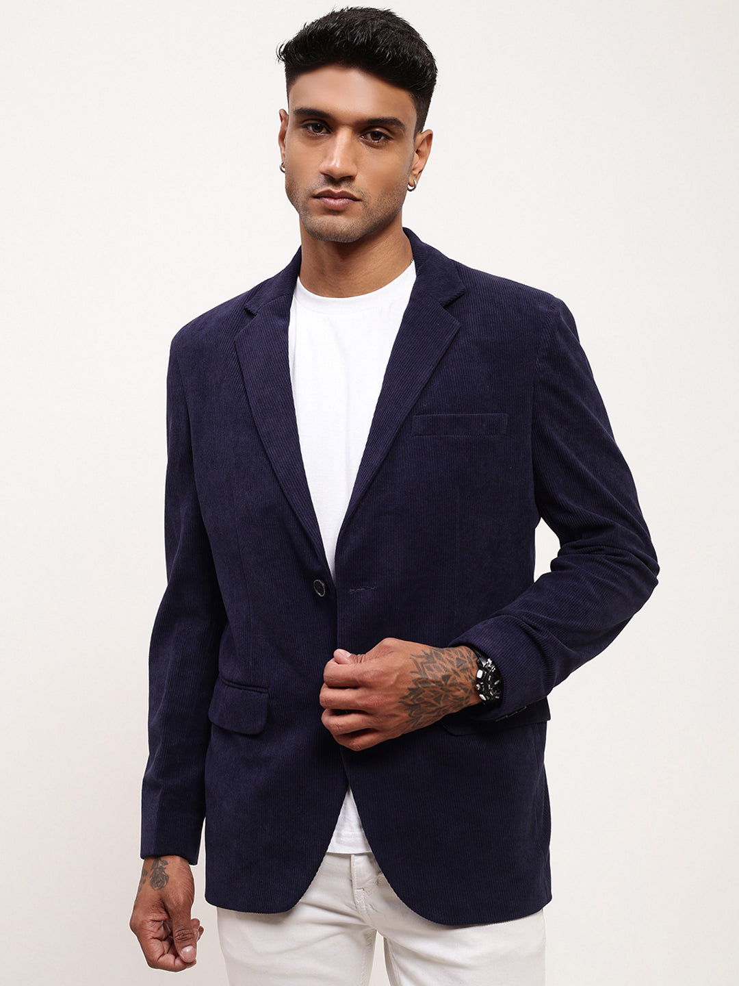 Men NavyBlue Solid Single Breasted Blazer