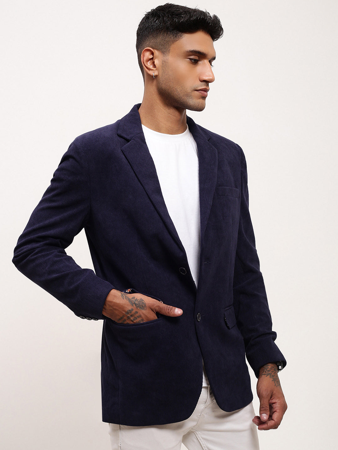 Men NavyBlue Solid Single Breasted Blazer