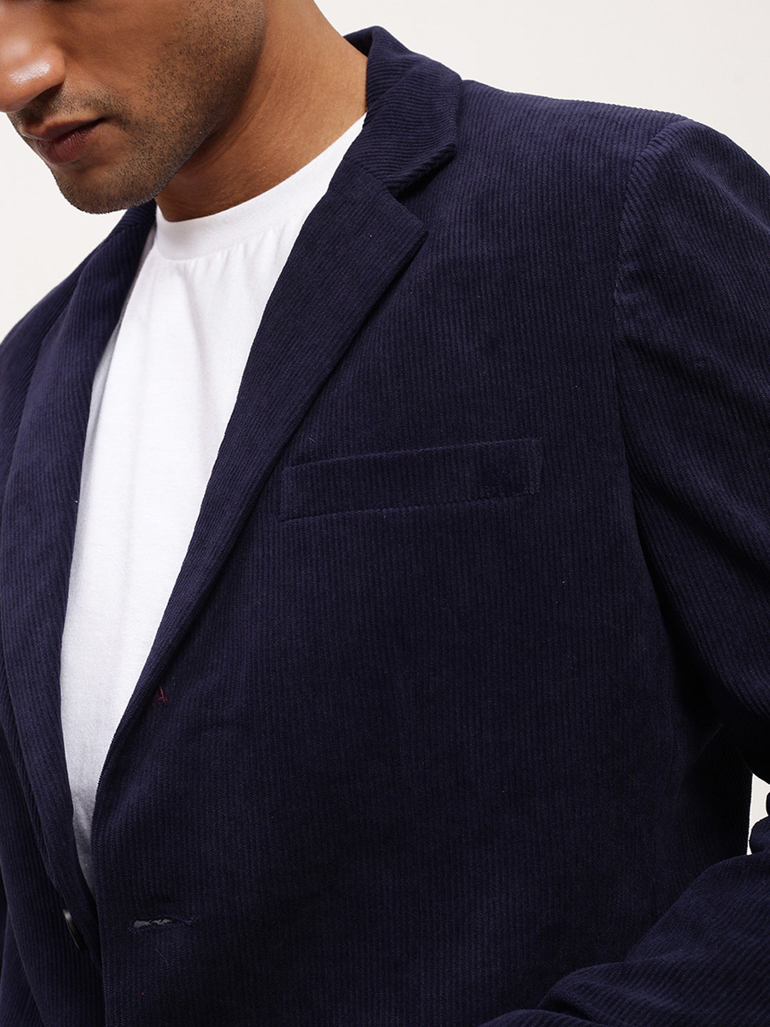 Men NavyBlue Solid Single Breasted Blazer