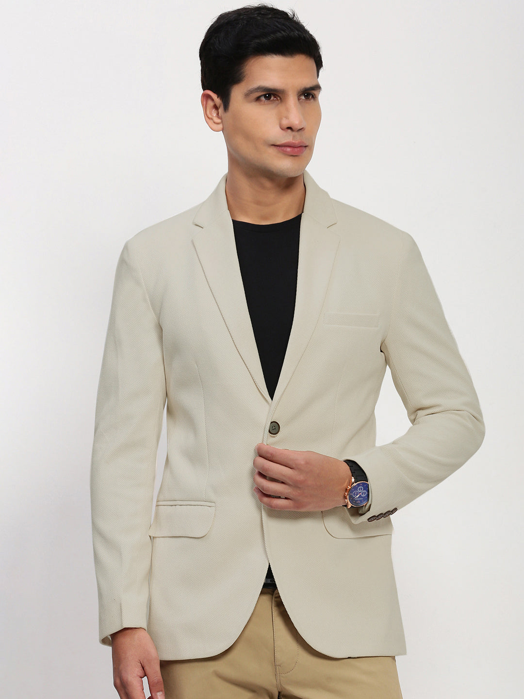 Men Beige Solid Single Breasted Blazer