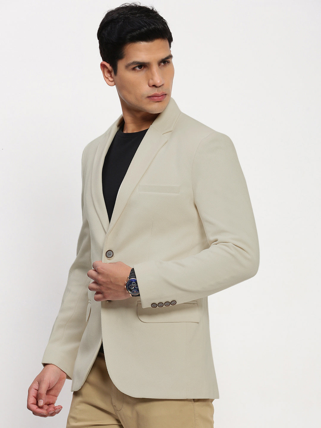 Men Beige Solid Single Breasted Blazer