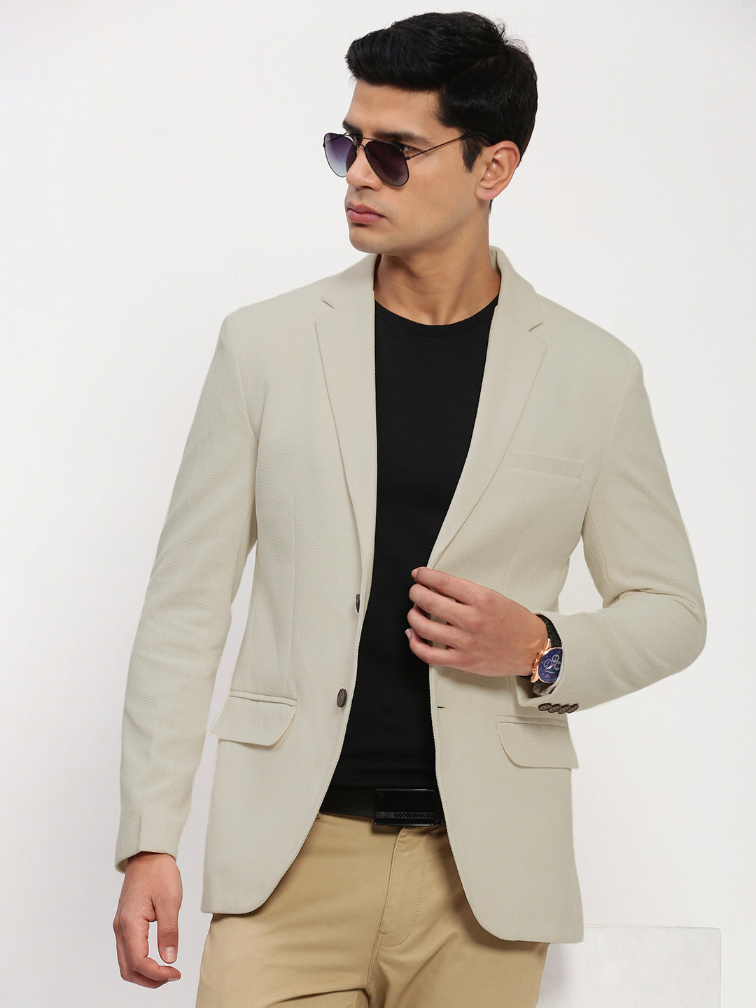 Men Beige Solid Single Breasted Blazer