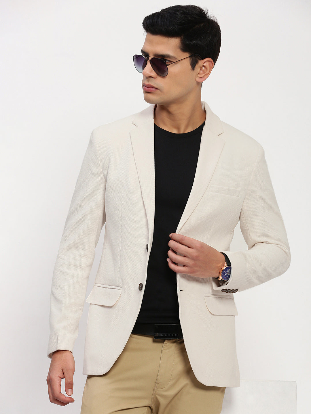 Men Cream Solid Single Breasted Blazer