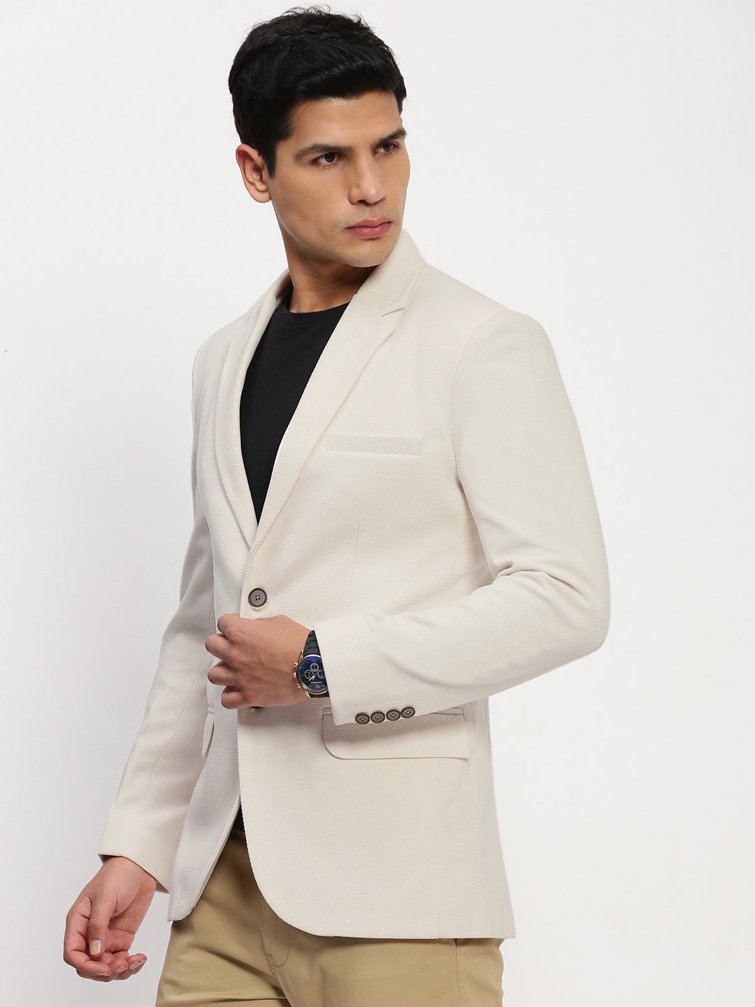 Men Cream Solid Single Breasted Blazer