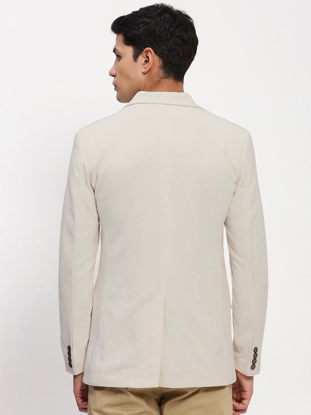 Men Cream Solid Single Breasted Blazer