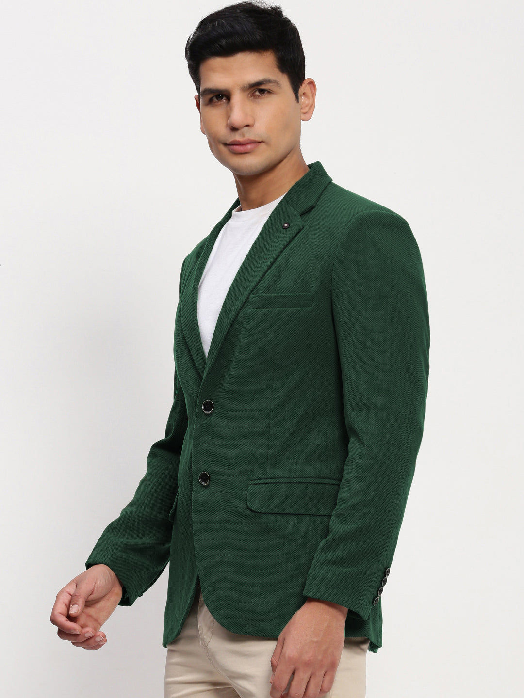 Men Dark Green Solid Single Breasted Blazer