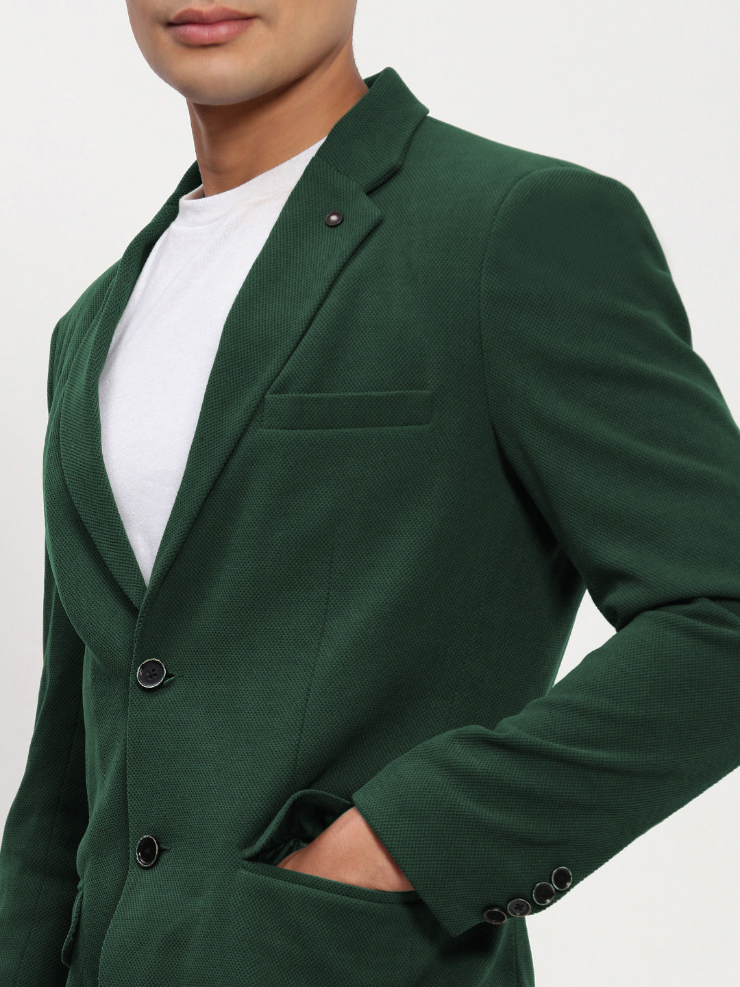 Men Dark Green Solid Single Breasted Blazer