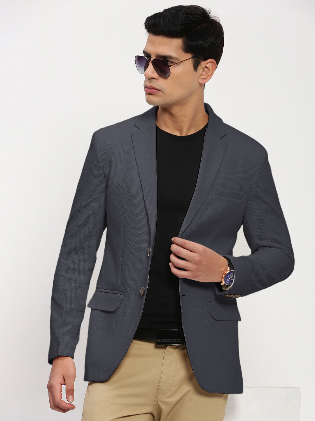 Men Grey Solid Single Breasted Blazer