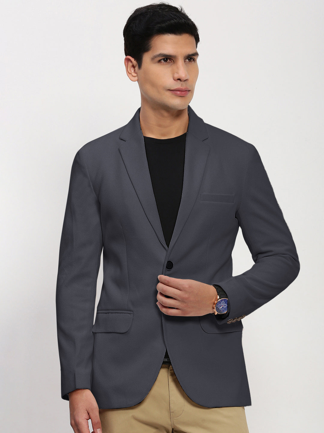 Men Grey Solid Single Breasted Blazer