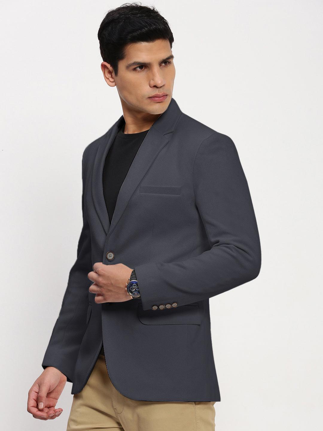 Men Grey Solid Single Breasted Blazer