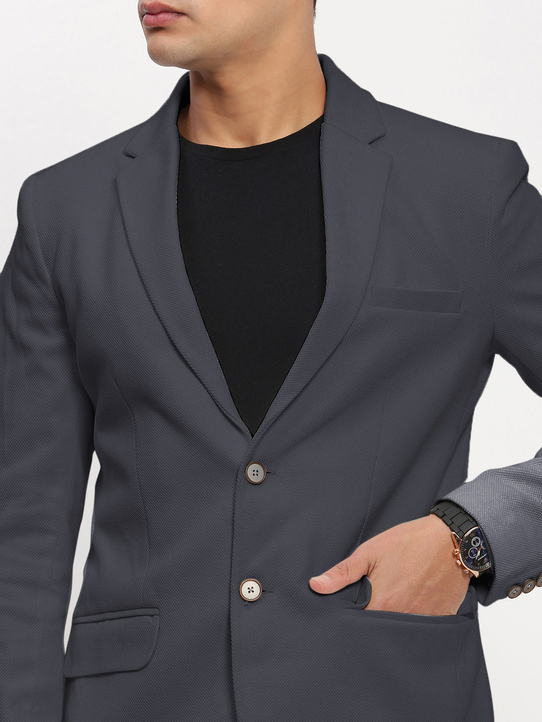 Men Grey Solid Single Breasted Blazer