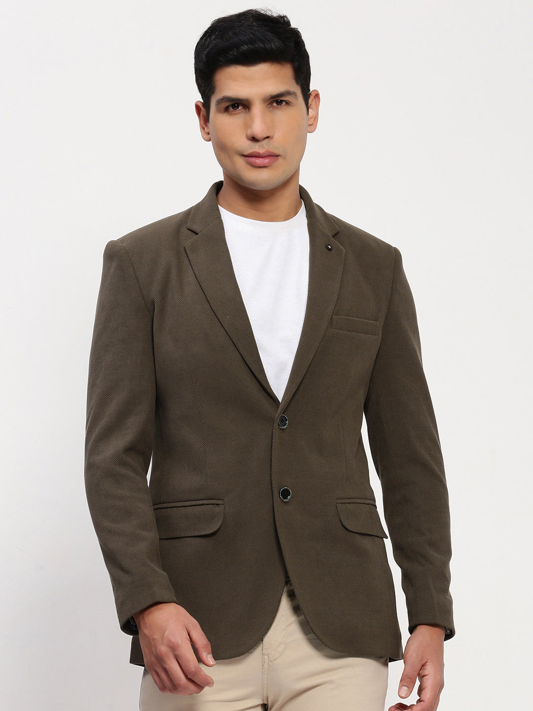 Men Olive Solid Single Breasted Blazer