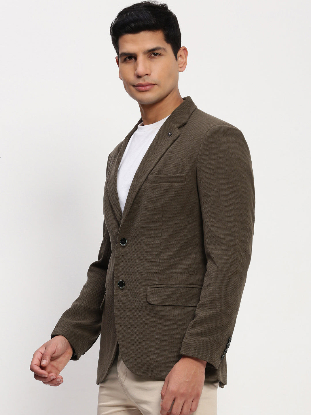 Men Olive Solid Single Breasted Blazer