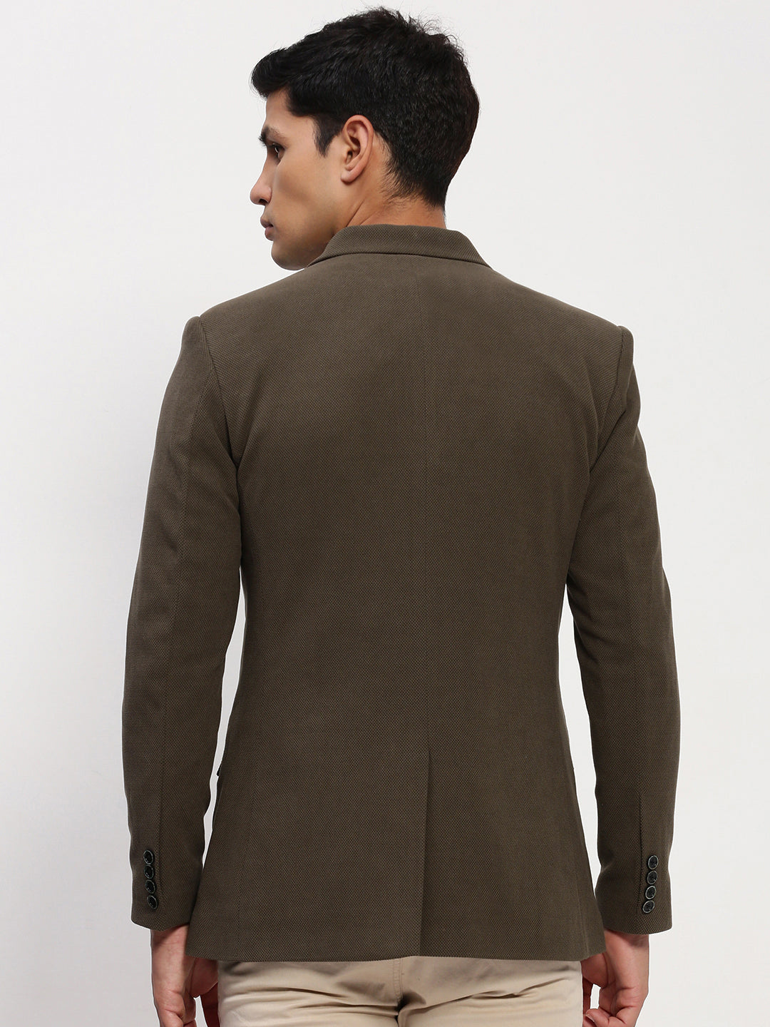 Men Olive Solid Single Breasted Blazer