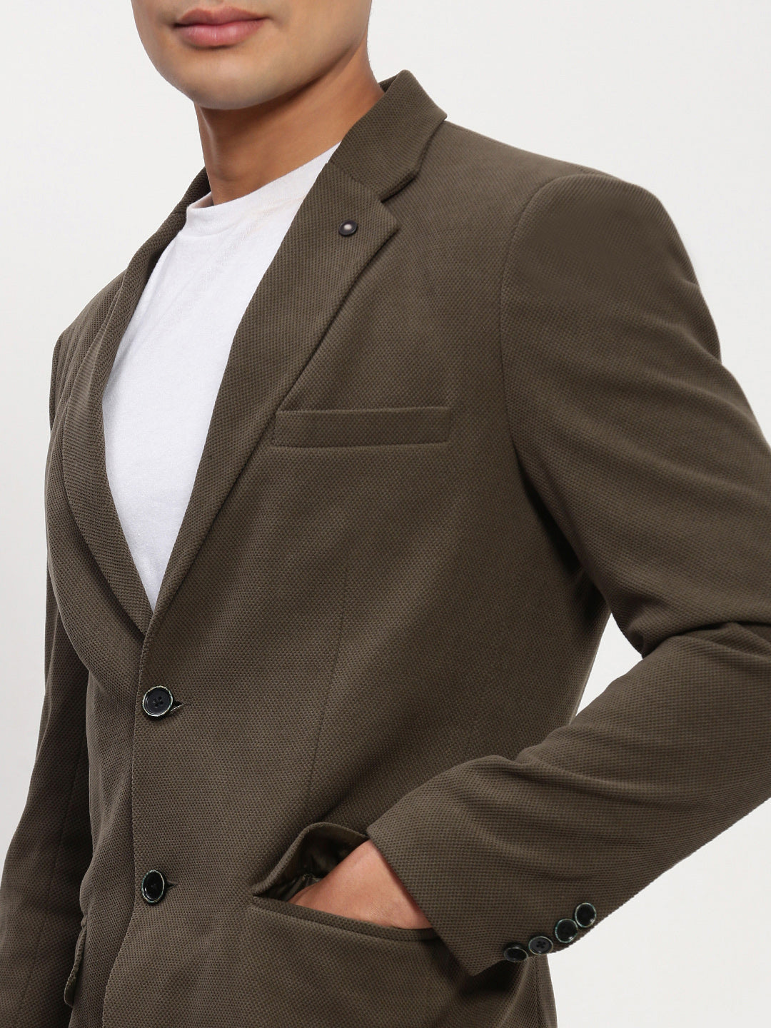 Men Olive Solid Single Breasted Blazer