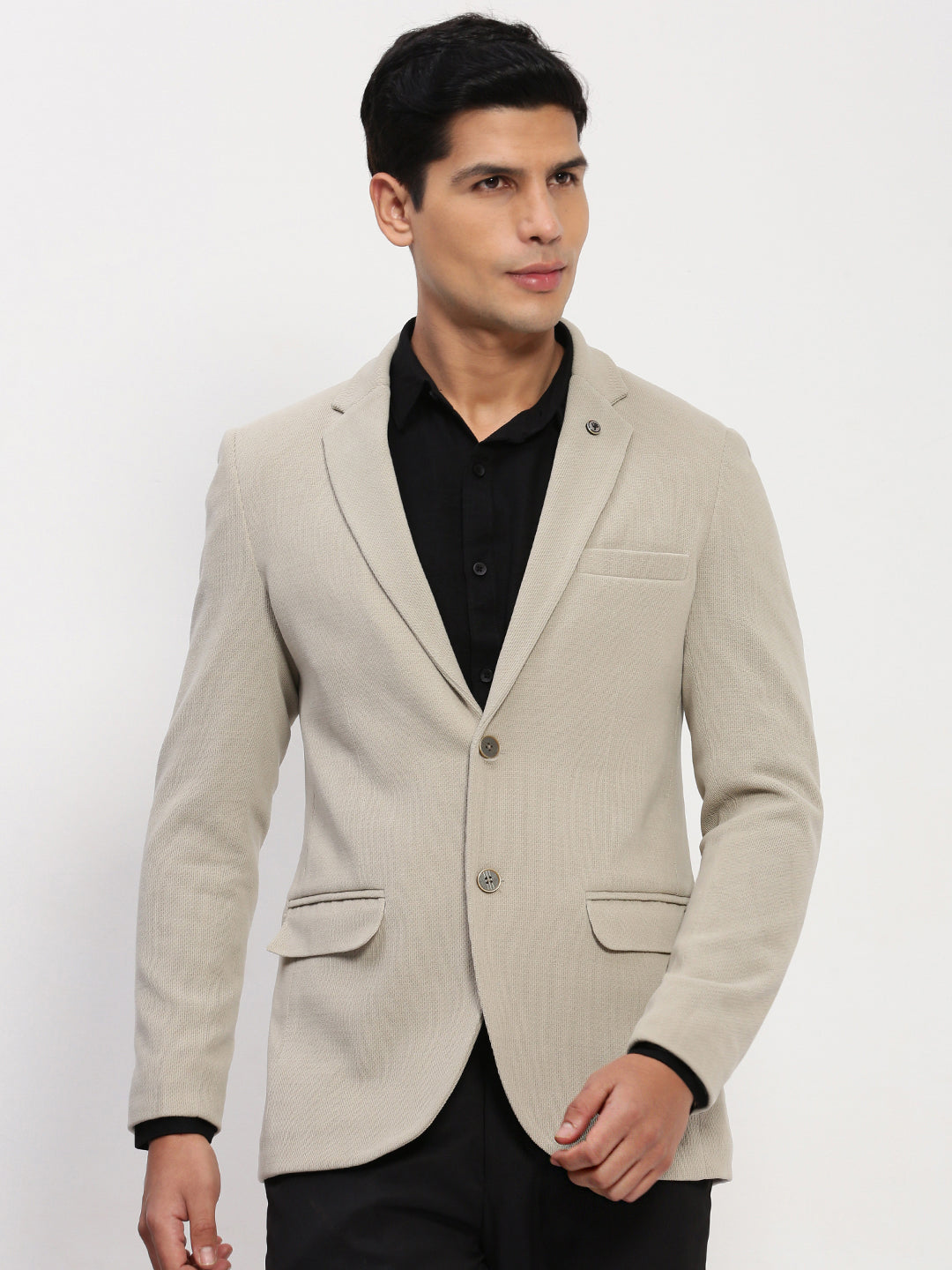 Men Cream Solid Single Breasted Blazer