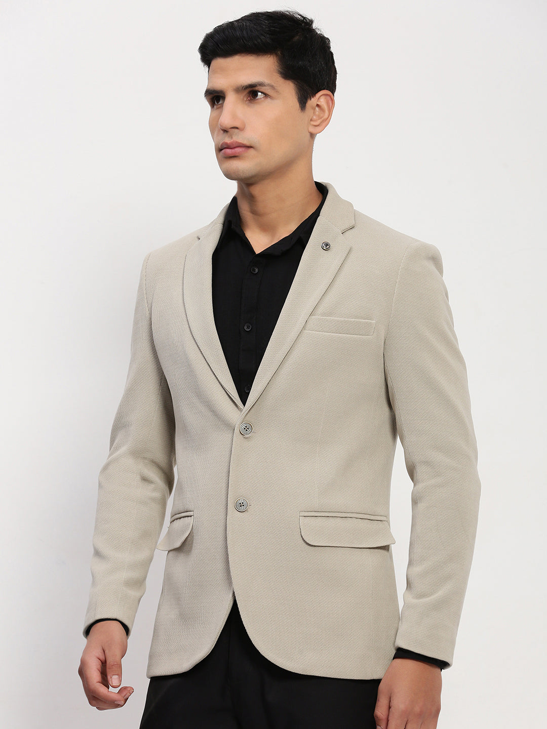 Men Cream Solid Single Breasted Blazer