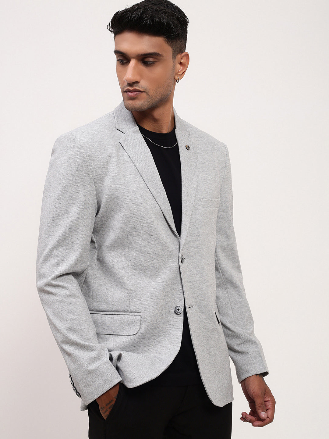 Men Grey Solid Single Breasted Blazer