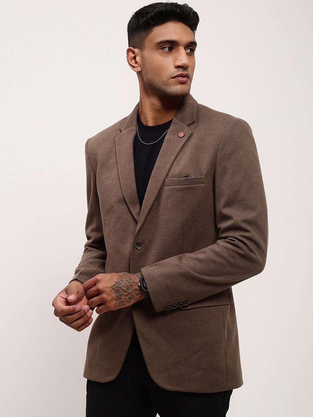 Men Brown Solid Single Breasted Blazer