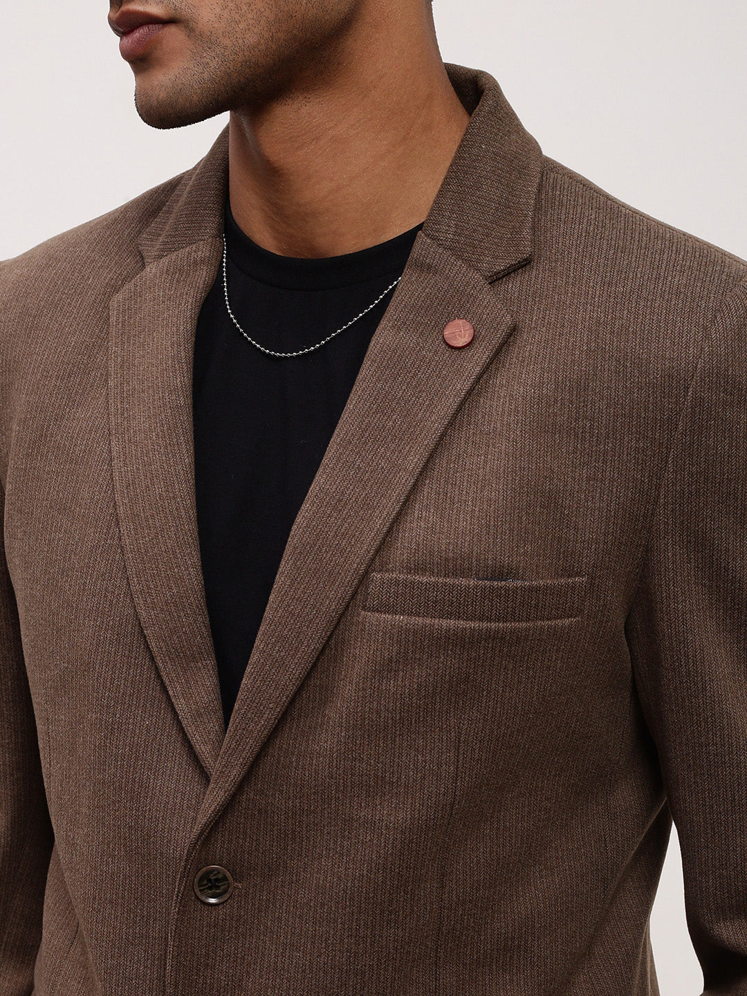 Men Brown Solid Single Breasted Blazer