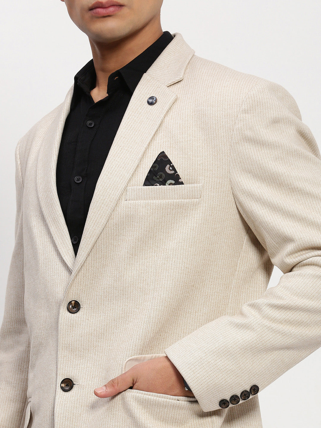 Men Cream Solid Single Breasted Blazer