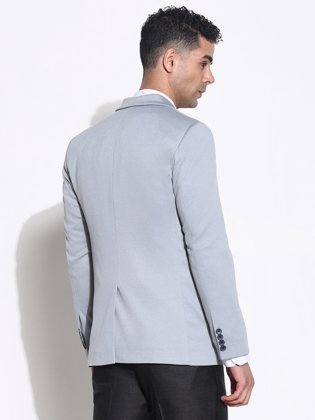 Men Grey Solid Single Breasted Blazer