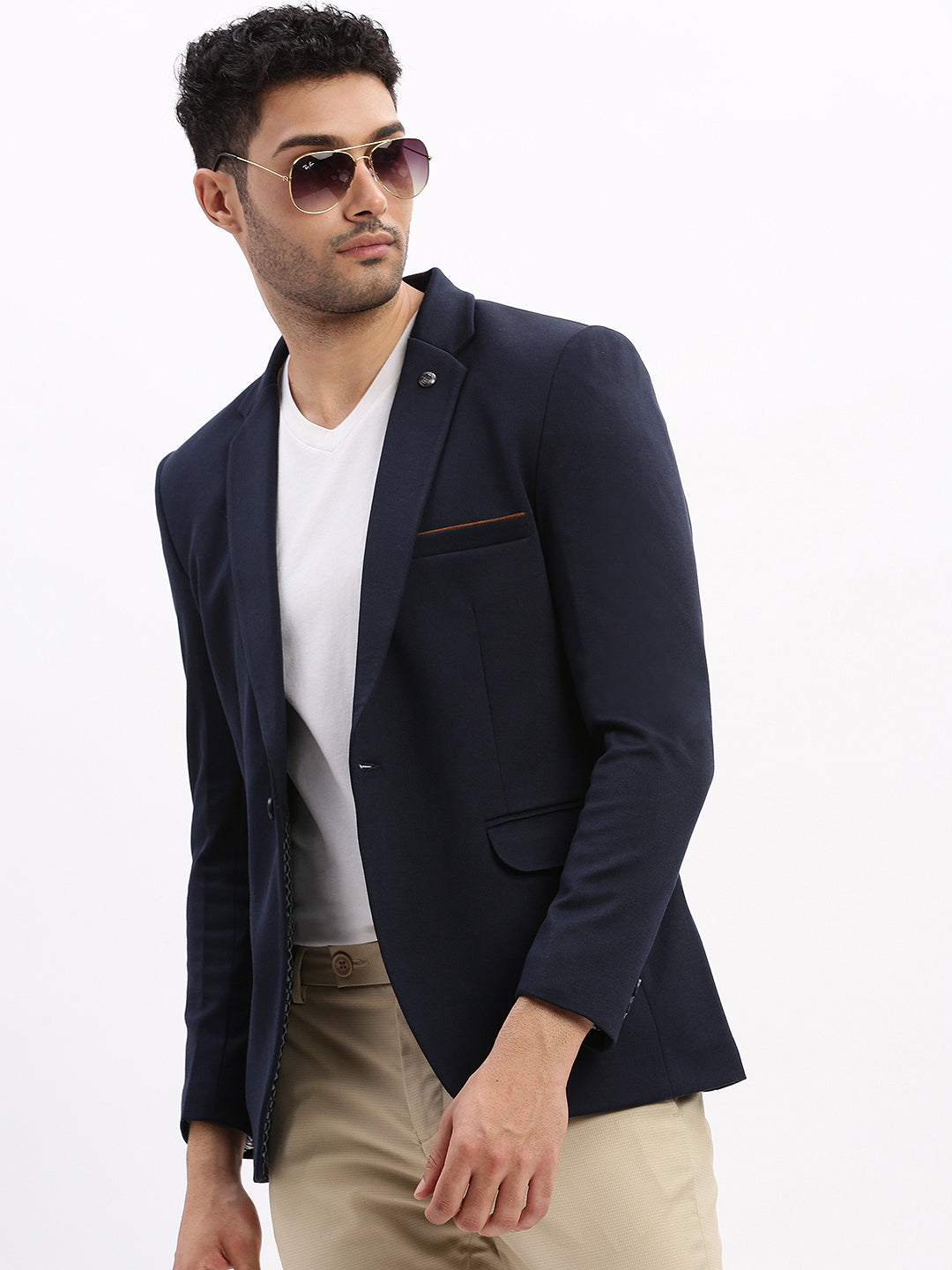 Men Solid Navy Blue Single Breasted Blazer