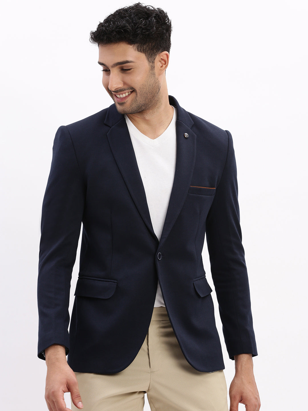 Men Solid Navy Blue Single Breasted Blazer